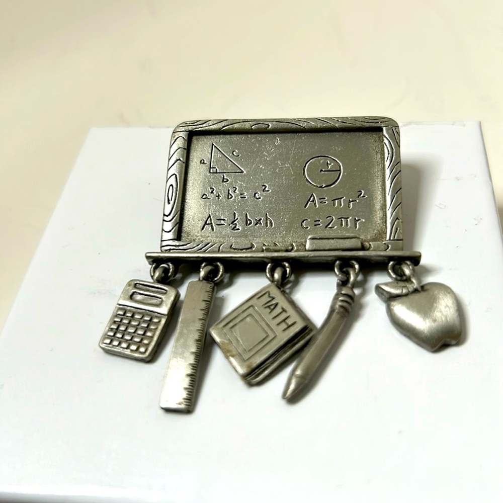 JJ Jonette vintage math teacher brooch pewter with charms